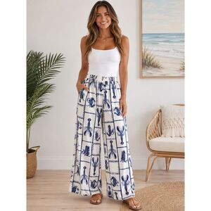 Coastal Lobster Crab Print Wide Leg Pants XL Blue White Nautical Elastic Waist